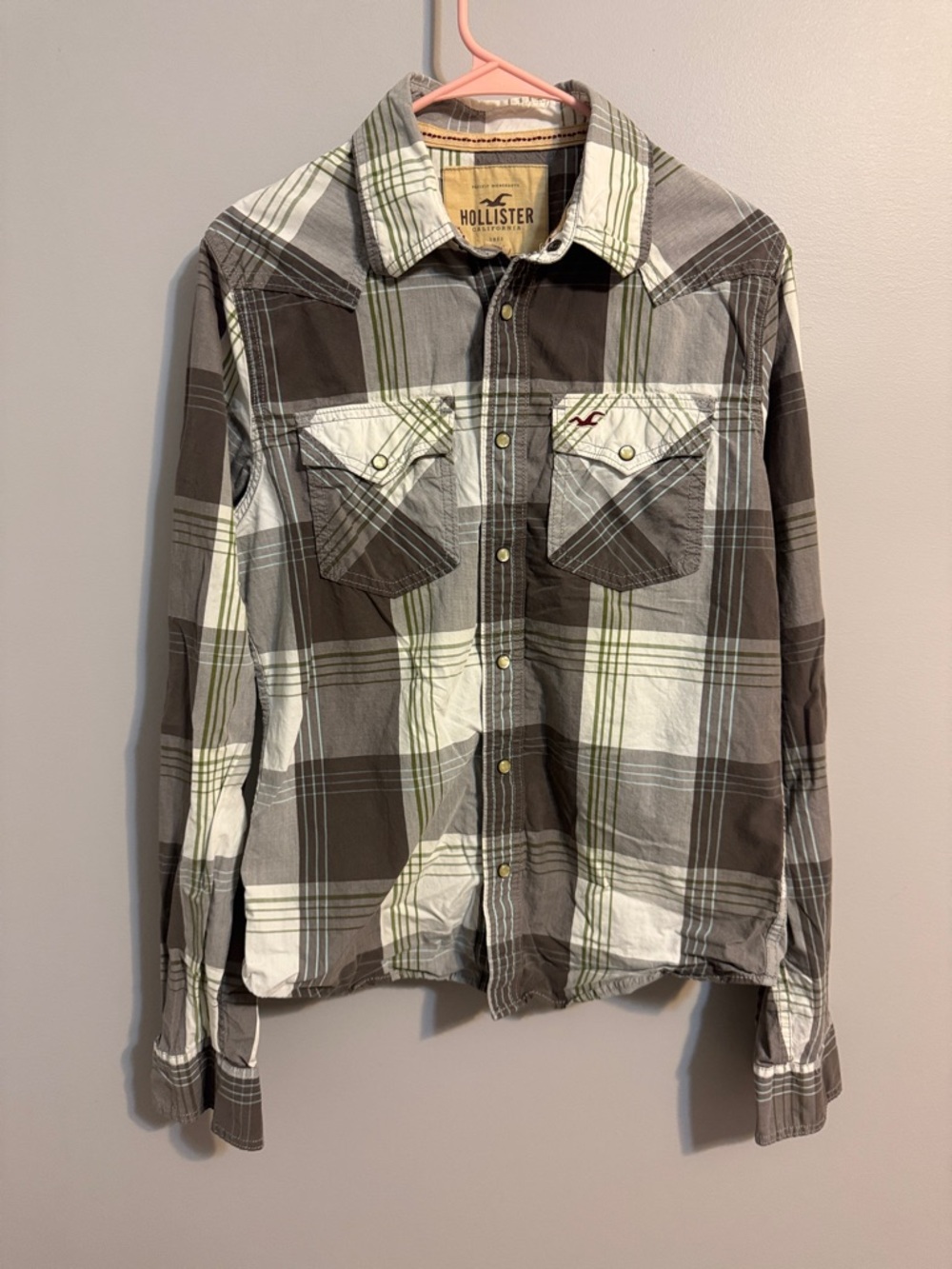 Hollister Olive, Gray & White Plaid Pearl Button Long sleeve Western Men's Med